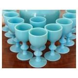 Antique Portieux Vallerysthal French Blue Opaline Decanter Cordial Set