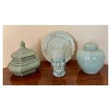 Home Decor in Celadon Green including a Vintage Chinese Celadon Green Porcelain Ginger Jar Lotus Motifs w/Lid