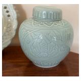 Home Decor in Celadon Green including a Vintage Chinese Celadon Green Porcelain Ginger Jar Lotus Motifs w/Lid