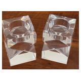 Pair of Oleg Cassini Clear Geometric Crystal Candleholders