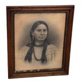 Beautiful Black and White Framed Portrait of a Native American Maiden