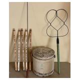 Vintage Rug Beater, Primitive Wooden Bucket, W.M. H. Jensen Yard Sticks and More
