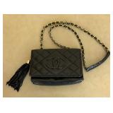 Chanel Vintage Small Quilted Black Leather Cross Body Bag with Tassel