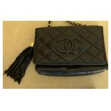 Chanel Vintage Small Quilted Black Leather Cross Body Bag with Tassel