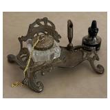 Victorian Style Ornate Art Nouveau Cast Metal Single Inkwell Tray w/Glass Jar