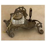 Victorian Style Ornate Art Nouveau Cast Metal Single Inkwell Tray w/Glass Jar