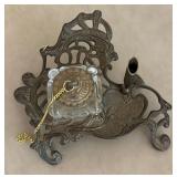 Victorian Style Ornate Art Nouveau Cast Metal Single Inkwell Tray w/Glass Jar