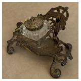Victorian Style Ornate Art Nouveau Cast Metal Single Inkwell Tray w/Glass Jar