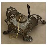 Victorian Style Ornate Art Nouveau Cast Metal Single Inkwell Tray w/Glass Jar