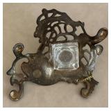 Victorian Style Ornate Art Nouveau Cast Metal Single Inkwell Tray w/Glass Jar