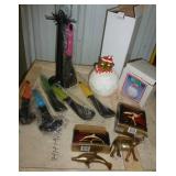Kitchen utensils, brass animals, candy jar