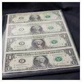1 UNCUT SHEET OF 4  US $1 BILLS with HOLDER.  Series 2003A.