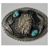 Indian Head Silver Plated Belt Buckle with Turquoise Stones - Very Nice