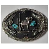 Ram Sheep Silver Plated Belt Buckle with Turquoise Stones - Very Nice