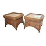 Pair of Pretty Wicker Glass Top Accent Tables / Side Tables