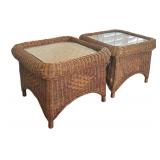 Pair of Pretty Wicker Glass Top Accent Tables / Side Tables