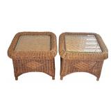 Pair of Pretty Wicker Glass Top Accent Tables / Side Tables