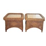 Pair of Pretty Wicker Glass Top Accent Tables / Side Tables