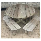 Wooden Patio Table with Four Benches