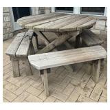 Wooden Patio Table with Four Benches