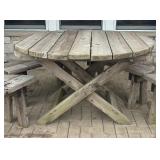 Wooden Patio Table with Four Benches
