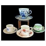 Four Teacups with Saucers by Delft, Royal Crown Derby, Japanese Lithophane Teacup and More