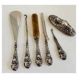 Antique Sterling Silver Vanity Set including an Antique Sterling Silver Curling Iron