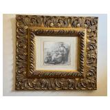 Beautiful Gilded Framed Black and White Drawing Print of a Girl Sitting