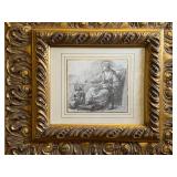 Beautiful Gilded Framed Black and White Drawing Print of a Girl Sitting