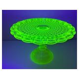 Vintage Vaseline Glass Thousand Eye Pattern Pedestal Cake Plate