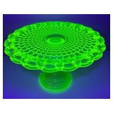 Vintage Vaseline Glass Thousand Eye Pattern Pedestal Cake Plate