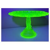 Vintage Vaseline Glass Thousand Eye Pattern Pedestal Cake Plate