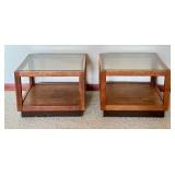 Pair of Vintage Mid Century Wood and Glass Top Accent Tables