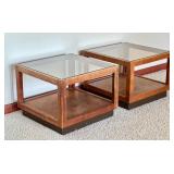 Pair of Vintage Mid Century Wood and Glass Top Accent Tables