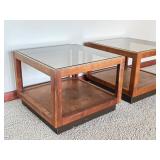 Pair of Vintage Mid Century Wood and Glass Top Accent Tables