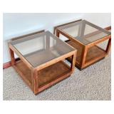 Pair of Vintage Mid Century Wood and Glass Top Accent Tables