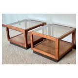 Pair of Vintage Mid Century Wood and Glass Top Accent Tables
