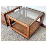 Pair of Vintage Mid Century Wood and Glass Top Accent Tables
