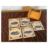 Five Blue and White Holland America Line Coasters with Wooden Holder