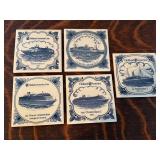 Five Blue and White Holland America Line Coasters with Wooden Holder