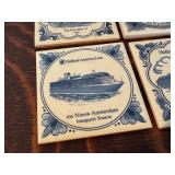 Five Blue and White Holland America Line Coasters with Wooden Holder
