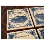 Five Blue and White Holland America Line Coasters with Wooden Holder