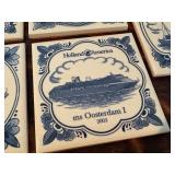 Five Blue and White Holland America Line Coasters with Wooden Holder
