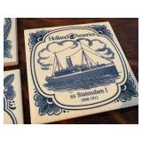 Five Blue and White Holland America Line Coasters with Wooden Holder