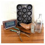 Vintage Finds including Bottles, Shoe Form, Cast Iron Pop Over Pan and More