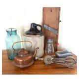 Vintage Crock, Copper Tea Kettle, Utensils and More