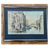 Vintage Framed Colored Etching Venice Print