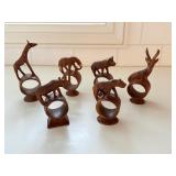 Set of Six Vintage Hand Carved Kenyan Animal Figurine Napkin Rings