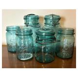 Six Vintage Blue Ball Glass Jars
