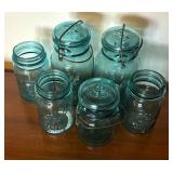 Six Vintage Blue Ball Glass Jars